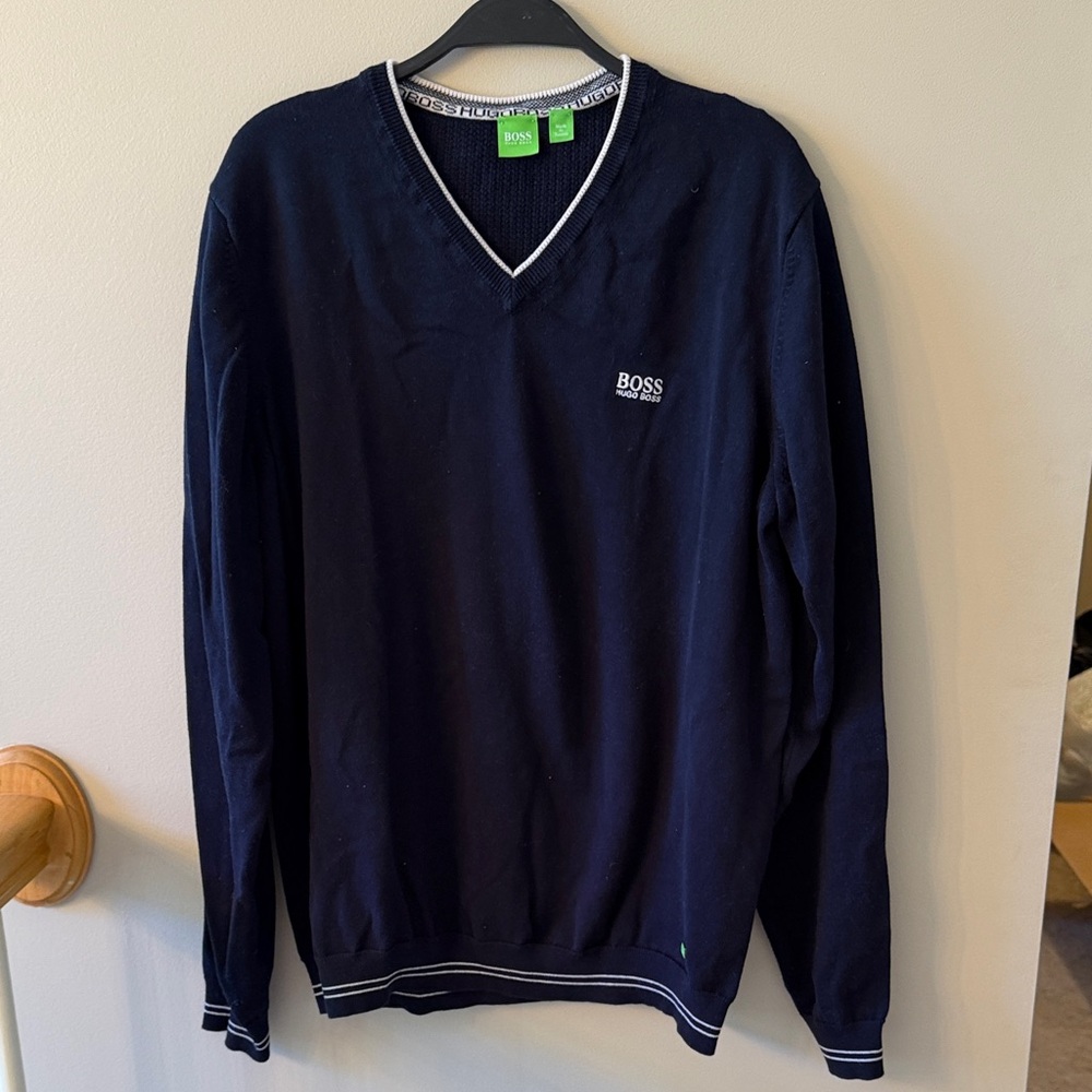 Boss Men's Dark Blue V-Neck Sweater